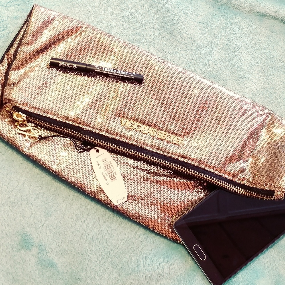 NWT victoria secret gold glitter clutch & mirror